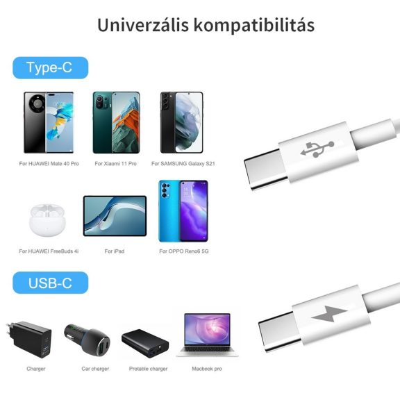 Haweel USB-A -  Type-C adat- és töltőkábel 25W, fehér, 1.0m
