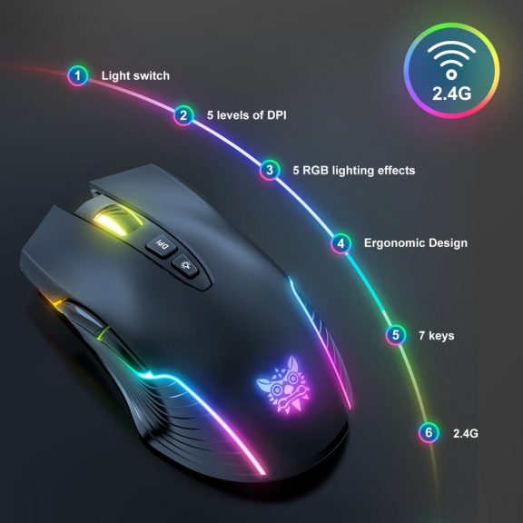 Onikuma CW905S gamer egér, vezeték nélküli, RGB világítás, 3600 DPI, fekete