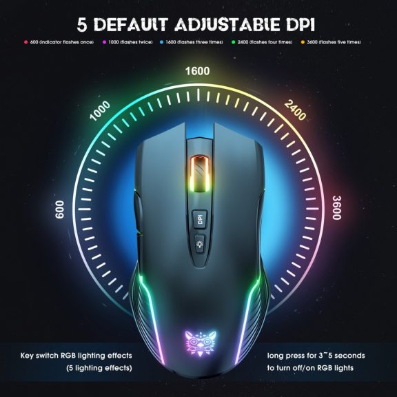 Onikuma CW905S gamer egér, vezeték nélküli, RGB világítás, 3600 DPI, fekete