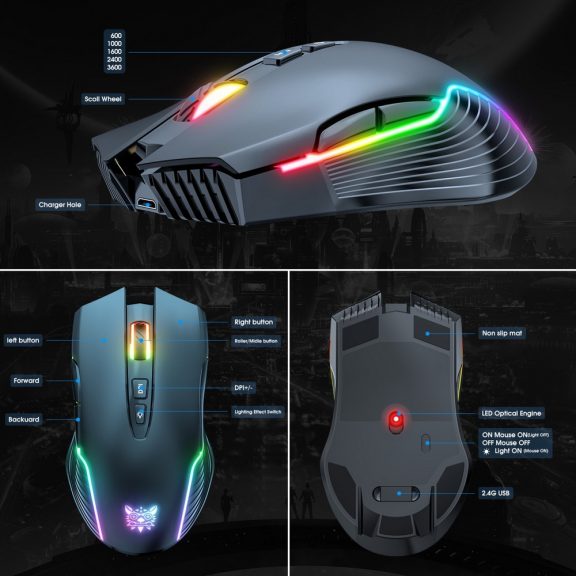 Onikuma CW905S gamer egér, vezeték nélküli, RGB világítás, 3600 DPI, fekete