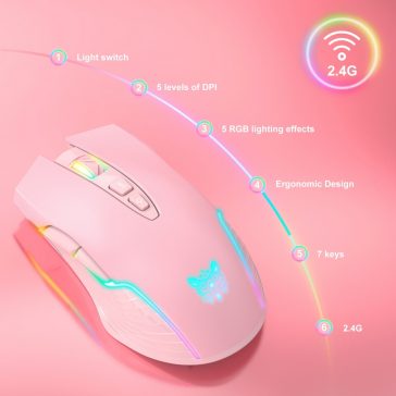   Onikuma CW905S gamer egér, vezeték nélküli, RGB világítás, 3600 DPI, rózsaszín