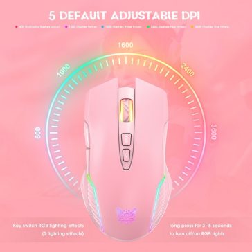   Onikuma CW905S gamer egér, vezeték nélküli, RGB világítás, 3600 DPI, rózsaszín