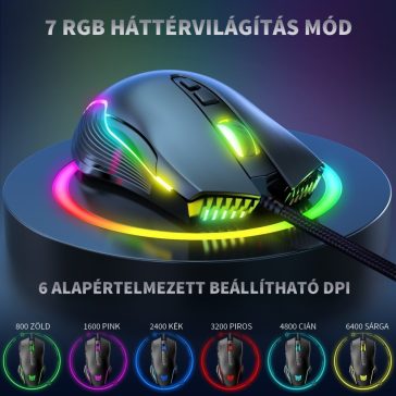   Onikuma CW905 gamer egér, vezetékes, RGB világítás, 6400 DPI, fekete