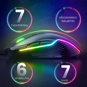   Onikuma CW905 gamer egér, vezetékes, RGB világítás, 6400 DPI, fekete