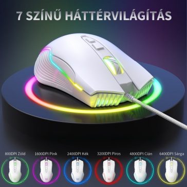  Onikuma CW905 gamer egér, vezetékes, RGB világítás, 6400 DPI, fehér