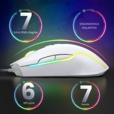   Onikuma CW905 gamer egér, vezetékes, RGB világítás, 6400 DPI, fehér