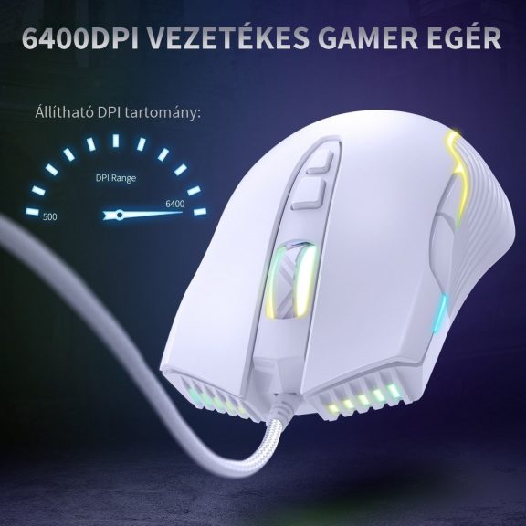Onikuma CW905 gamer egér, vezetékes, RGB világítás, 6400 DPI, fehér