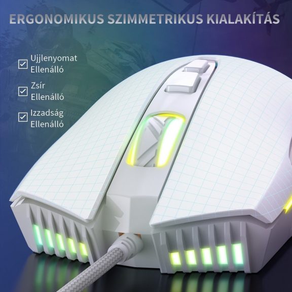 Onikuma CW905 gamer egér, vezetékes, RGB világítás, 6400 DPI, fehér