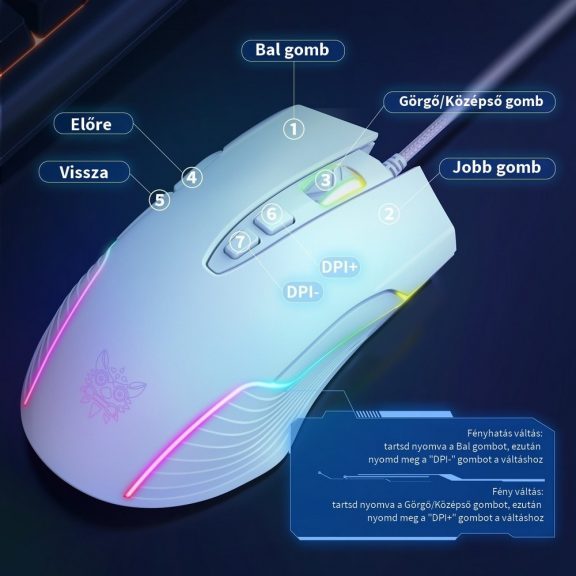 Onikuma CW905 gamer egér, vezetékes, RGB világítás, 6400 DPI, fehér