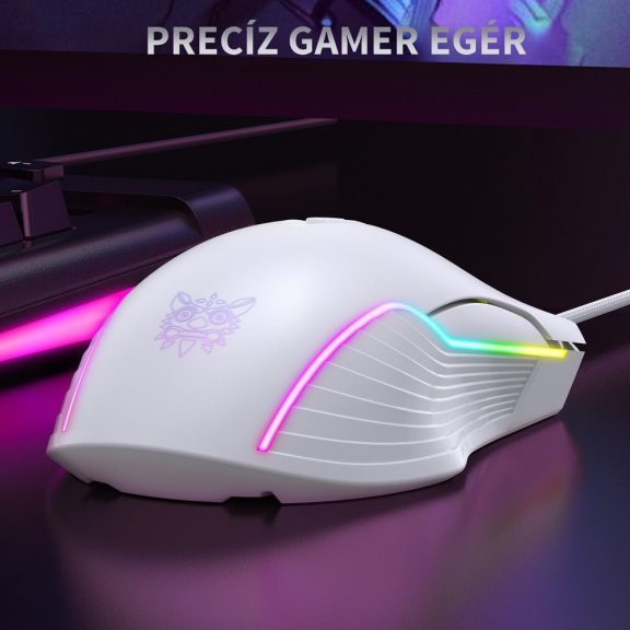 Onikuma CW905 gamer egér, vezetékes, RGB világítás, 6400 DPI, fehér