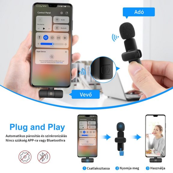 Puluz PU3151B dupla mikrofon, USB Type-C vevőegységgel, csíptetős