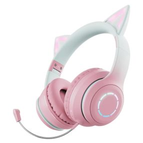 BT029C macskafüles Bluetooth 5.3 fejhallgató pink színben, RGB LED világítással és levehető mikrofonnal
