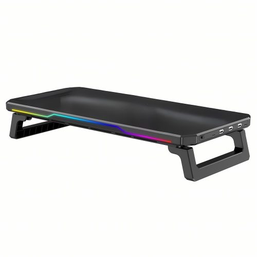 Multifunkciós RGB monitor állvány, 3x USB2.0 + 1x Type-C HUB, vezeték nélküli töltés, fekete