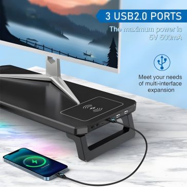 RGB világítású multifunkciós monitorállvány USB hubbal és vezeték nélküli töltővel