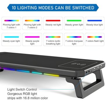 RGB világítású multifunkciós monitorállvány USB hubbal és vezeték nélküli töltővel