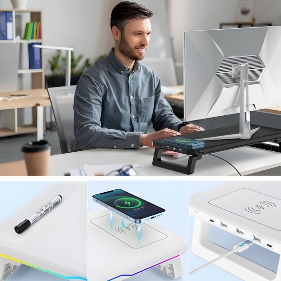 RGB világítású multifunkciós monitorállvány USB hubbal és vezeték nélküli töltővel