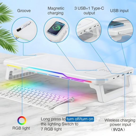 RGB világítású multifunkciós monitorállvány USB hubbal és vezeték nélküli töltővel