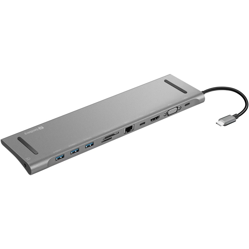 Sandberg USB-C 10-in-1 Docking Station dokkoló, HDMI, VGA, gigabites Ethernet, 100 W tápbemenet, szürke
