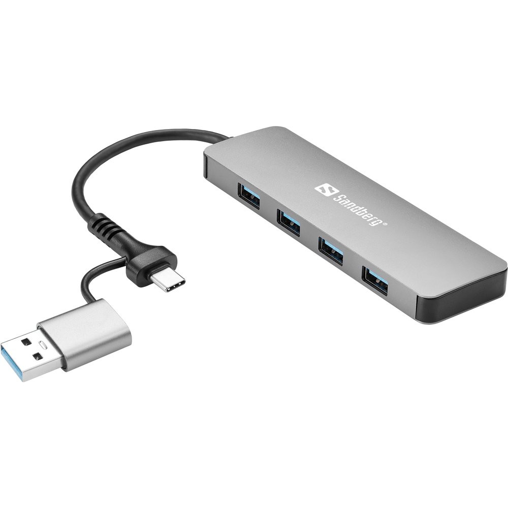 Sandberg 136-63 USB-C/A USB 3.0 elosztó, 4 USB-A port, alumínium, ezüst/fekete